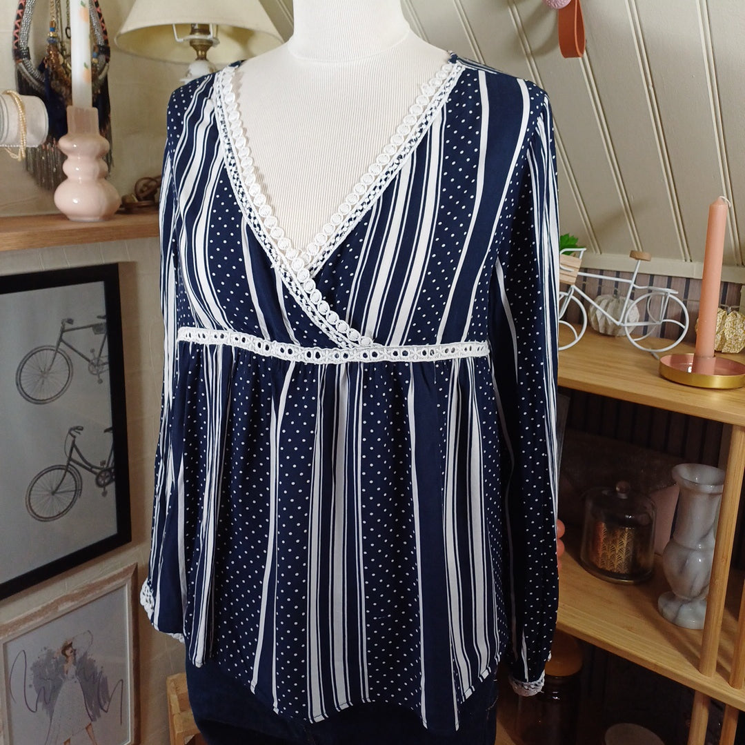 Blouse bleue et blanche, ky Création, taille 40/42