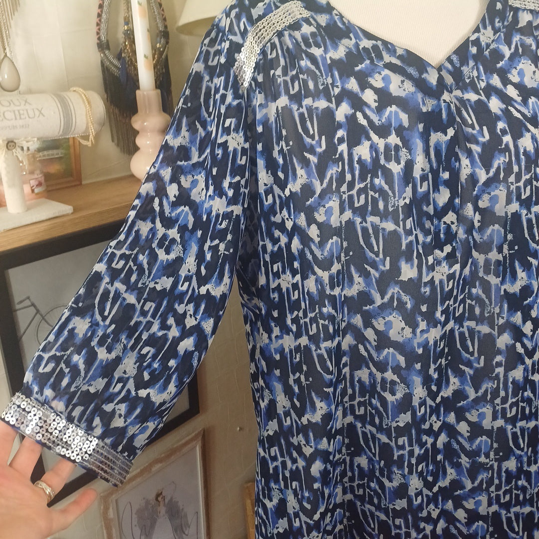 Blouse bleue et blanche, Créaline, taille 48